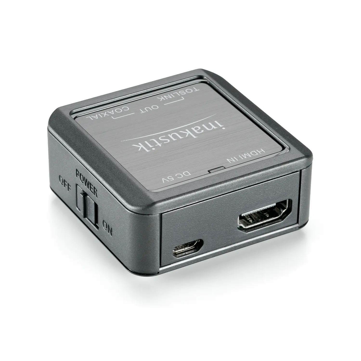 Nahaufnahme eines schwarzen In-akustik Star HDMI Extractors mit HDMI-Eingang, Micro-USB-Anschluss und Power-Schalter