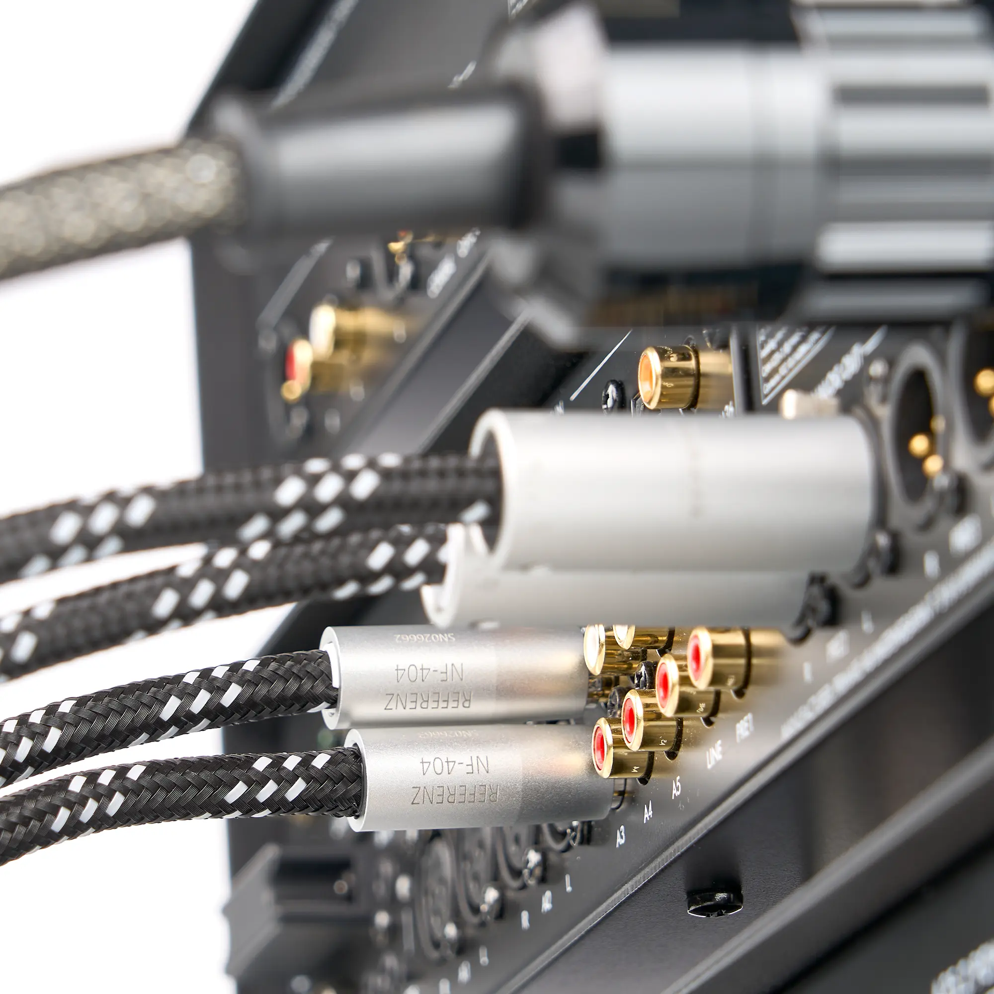Nahaufnahme eines Referenz NF-404 XLR angeschlossen an einem Verstärker