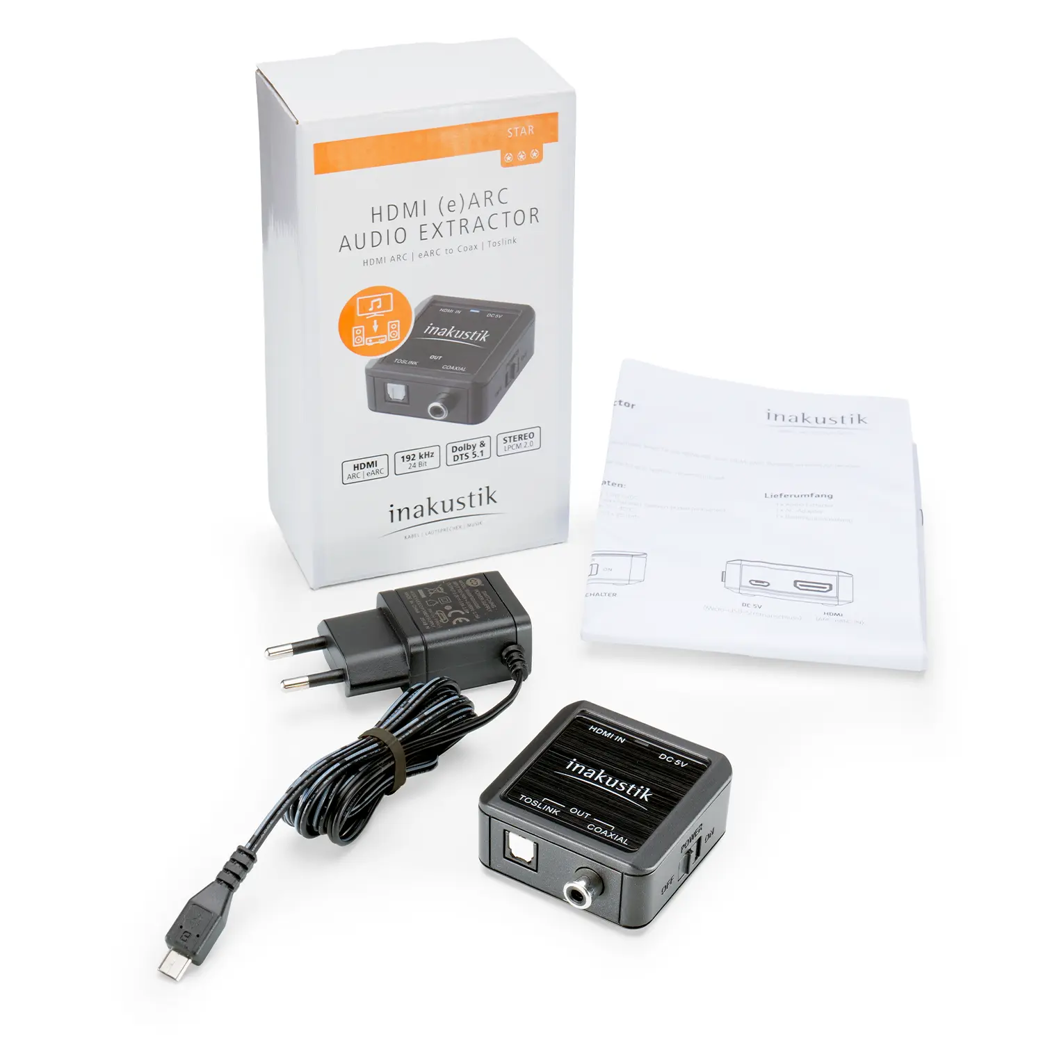 Star HDMI Extractor von Inakustik mit Netzteil, Bedienungsanleitung und Verpackung udn gesamten lieferumfang 
